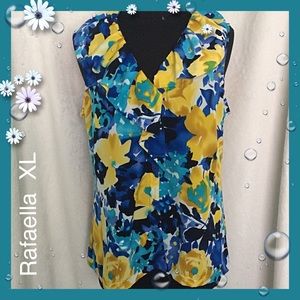 Rafaella Blue Yellow Ruffled Abstract Print Top XL